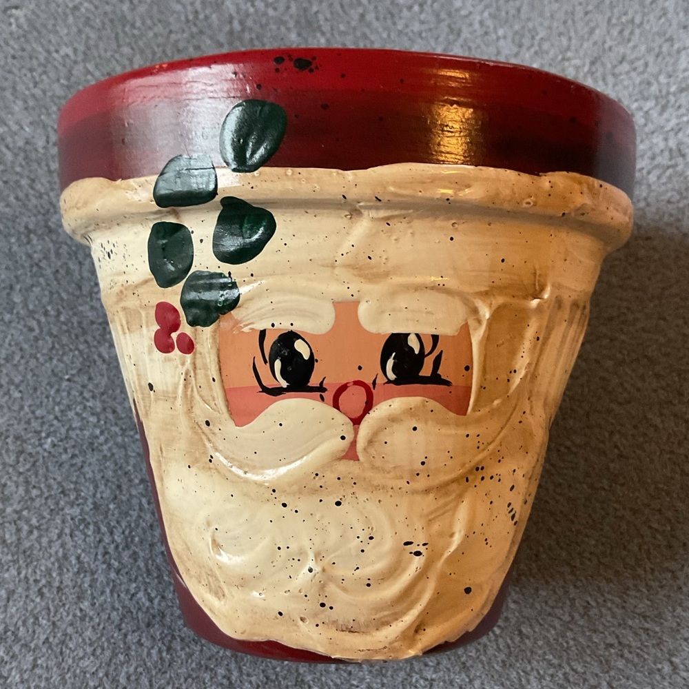 Hand Painted Santa Terracotta Pot Signed by the Artist D. Cayton